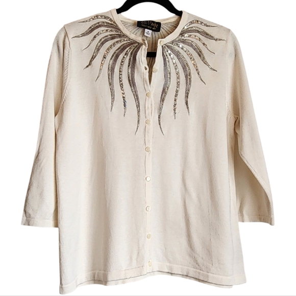 Vtg Bob Mackie White And Silver‎ Embellished Women's Sweater Cardigan Size M - Picture 1 of 6